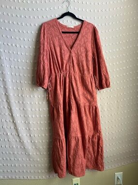 Marine Layer Willow Eyelet Embroidered Tiered Button Up Midi Dress Sz L Pink